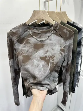 欧货国风链条水墨画T恤女长袖2023年夏季新款复古上衣撞色打底衫图片