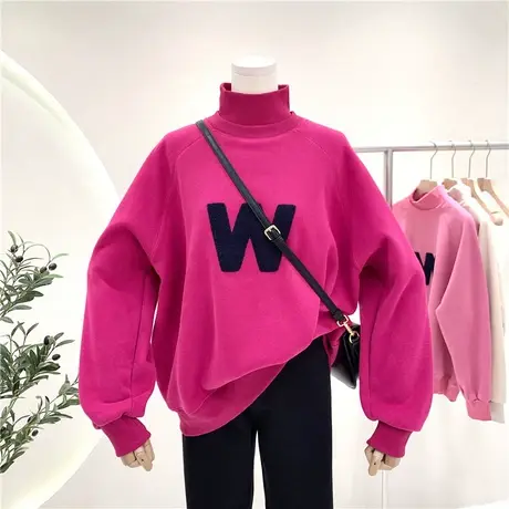 卫衣女加绒加厚2020秋冬新款韩版ins潮百搭刺绣贴布宽松高领外套商品大图