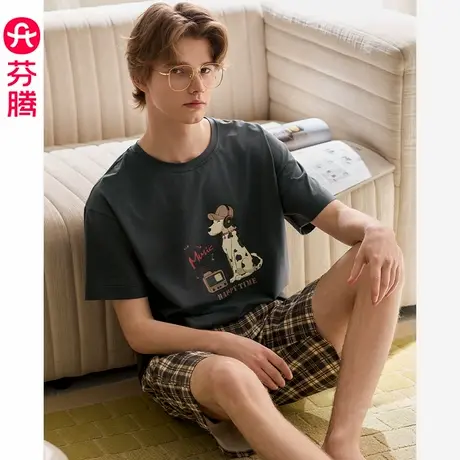 芬腾睡衣男士夏季薄款纯棉短袖短裤套装青年男款大码可外穿家居服商品大图