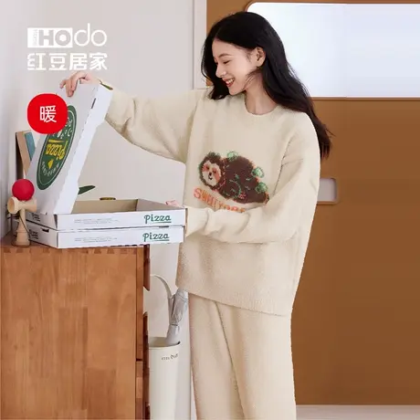 红豆半边绒睡衣女套头可外穿加厚秋冬珊瑚绒抗静电家居服可外穿商品大图