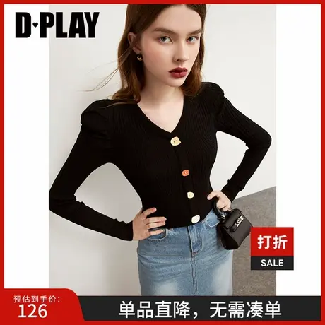 DPLAY德帕拉秋季黑色泡泡袖V领针织小衫时尚显瘦温柔长袖上衣商品大图