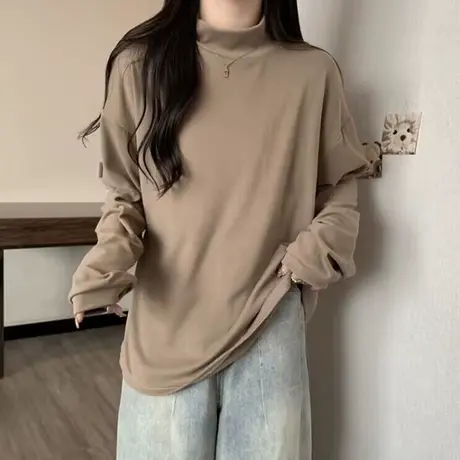 内搭加绒保暖打底衫女春秋季宽松显瘦纯色简约德绒半高领长袖T恤商品大图