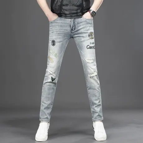 欧洲站潮牌刺绣破洞牛仔裤2025新款男春夏薄款修身小脚百搭长裤商品大图