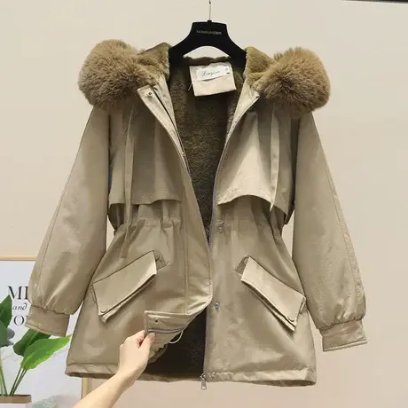 卡其色派克服女冬季2023新款矮个子大毛领加绒棉服冬装保暖外套潮图片