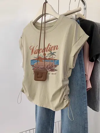 复古印花小飞袖正肩短袖t恤女抽绳设计感夏季百搭ins气质短款上衣图片