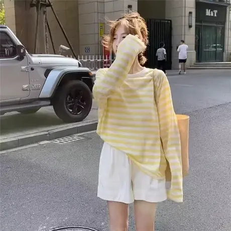 撞色条纹T恤女长袖2025夏季新款衣服休闲宽松薄款防晒衣罩衫上衣图片