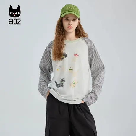 a02黑猫系列条纹插肩袖圆领长袖T恤女2025秋季新款设计感打底衫图片