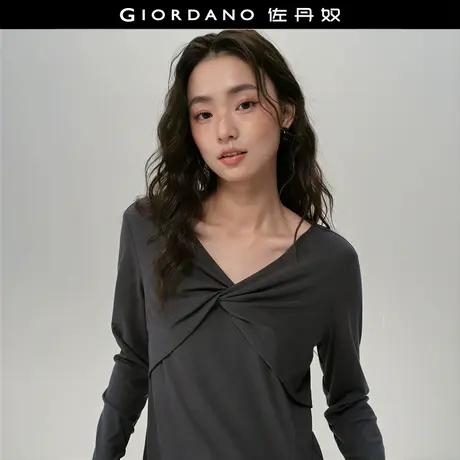 设计师款佐丹奴格蕾系上衣女装新款扭结V领弹力长袖T恤女18325103商品大图