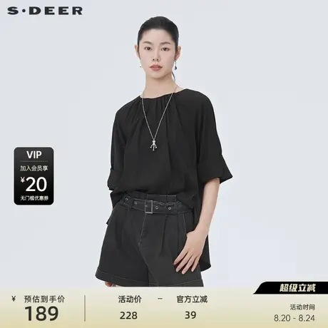 sdeer圣迪奥女装休闲圆领抽褶卷边黑色短袖衬衫S222Z0432商品大图