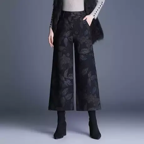 小个子印花色毛呢阔腿裤女秋冬新款垂感高腰显瘦休闲裤宽松九分裤商品大图