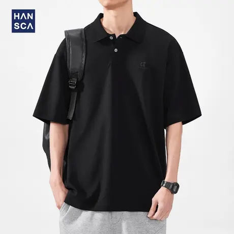 hansca光滑液氨双面纯棉短袖POLO衫男款夏季抗皱黑色刺绣休闲上衣图片
