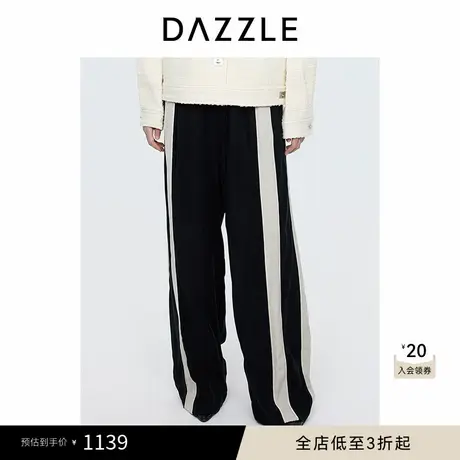 DAZZLE地素奥莱 休闲裤春夏女装黑色条纹拼接运动风阔腿长裤商品大图