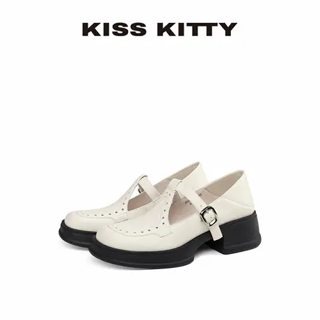 kisskitty玛丽珍鞋女鞋复古白色粗跟小皮鞋单鞋增高通勤乐福鞋商品大图