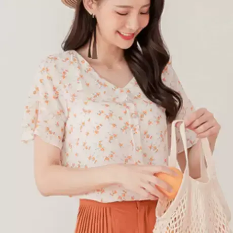 桔熊夏季韩版法式复古风碎花娃娃领雪纺衬衫上衣女装大码AB15951商品大图