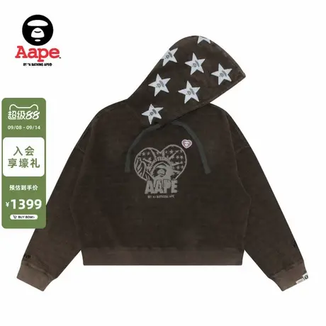 Aape旗舰店女装秋冬复古水洗爱心猿人休闲短款连帽卫衣D329XXP商品大图