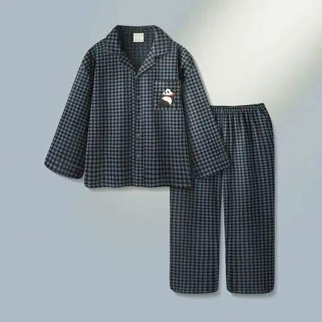 男士睡衣春秋季纯棉长袖开衫套装格子宽松大码可外穿男款家居服商品大图