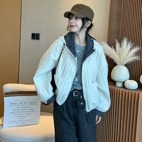 欧货撞色薄款连帽棉衣短外套女2025秋冬新款宽松休闲棉服夹克上衣商品大图