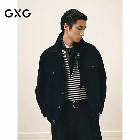 GXG男装 雪尼尔提花花卉图案黑色时尚翻领牛仔夹克外套25年春新品商品大图