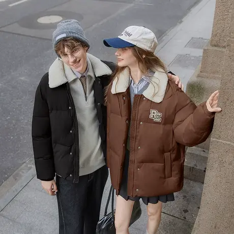 唐狮秋冬季情侣短款棉衣外套女拼接仿羔毛翻领美式保暖时尚TU商品大图