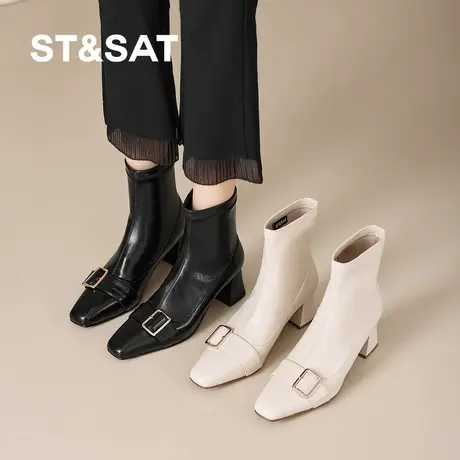 星期六2025冬季新款法式粗跟方头瘦瘦短靴女粗跟皮带扣小裸靴女靴图片