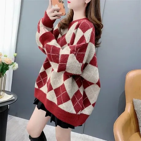 秋冬加厚菱形格子套头毛衣女2023新款宽松慵懒风日系网红上衣外穿商品大图