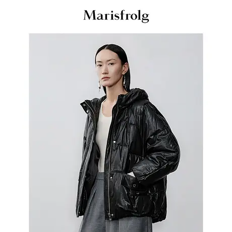 【商场同款】玛丝菲尔冬季新款黑色绵羊皮连帽羽绒服外套图片