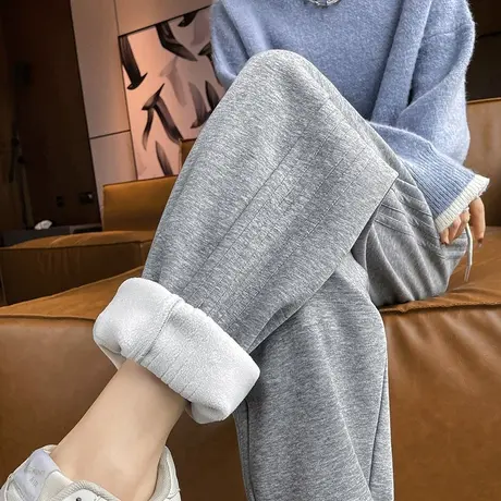 运动裤女冬季加绒加厚2023新款高腰显瘦休闲裤子灰色束脚哈伦卫裤图片