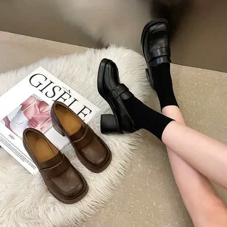 复古英伦风小皮鞋女高跟不累脚2023年新款春秋粗跟方头玛丽珍单鞋商品大图
