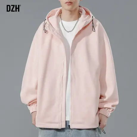 男生粉色麂皮绒外套男秋季新款潮高级感休闲连帽夹克男款运动上衣商品大图