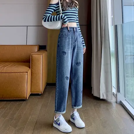 绣花卷边高腰哈伦牛仔裤女2024秋季新款设计感显瘦直筒萝卜老爹裤图片