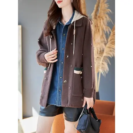 宝诗黎拼接连帽系带钉珠针织外套宽松口袋上衣女2023年秋冬季新款商品大图