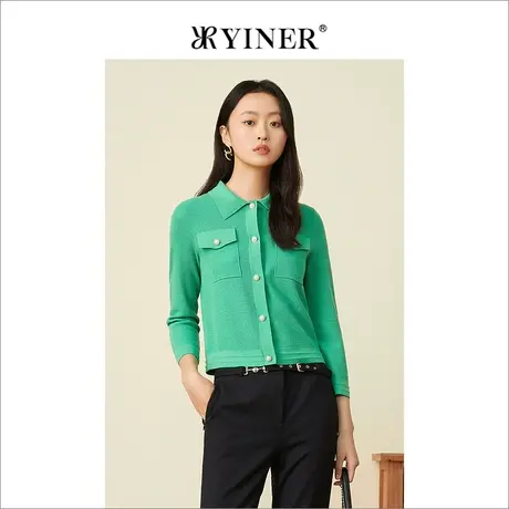 YINER音儿专柜女装2022春季新款肌理感纯羊毛针织开衫商品大图