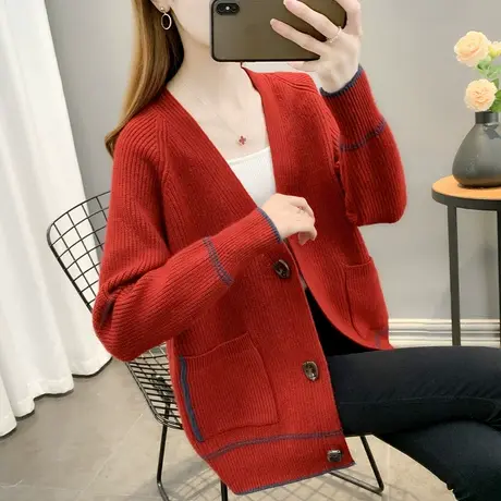 2022年秋装新款红色毛衣女V领针织开衫宽松上衣洋气外穿长袖外套商品大图