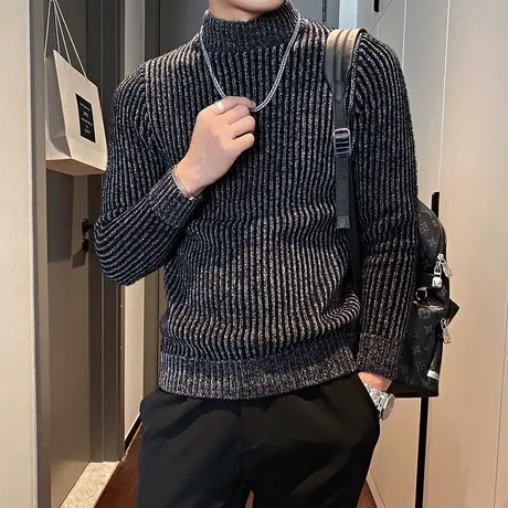 冬季男士毛衣针织衫线衣高领纯色休闲条纹修身潮牌潮流加厚打底衫商品大图