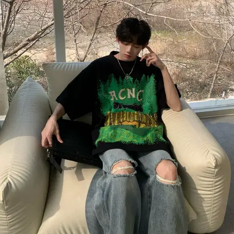 短袖t恤男ins潮牌宽松彩绘涂鸦印花嘻哈休闲半截袖夏季纯棉上衣服商品大图