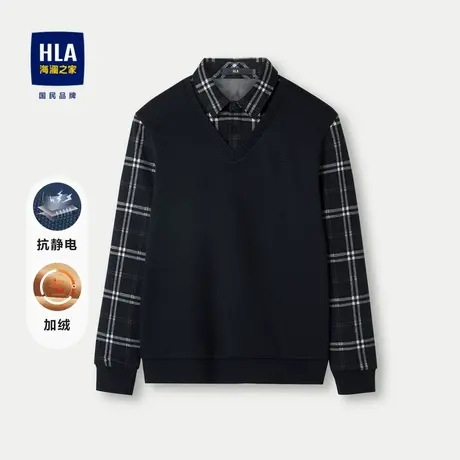 HLA/海澜之家双领长袖针织衫23秋冬新时尚格纹加绒加厚保暖毛衣男图片