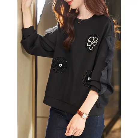 宝诗黎圆领钉珠网纱拼接宽松慵懒卫衣女早秋长袖百搭上衣2023新款商品大图