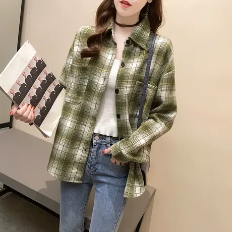 格子拼色POLO领衬衫女潮2023年秋冬新款女装宽松百搭衬衣上衣ins图片