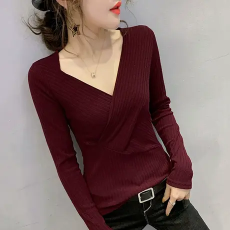 2024新款女装春秋性感V领T恤女长袖交叉设计感洋气上衣内搭打底衫商品大图