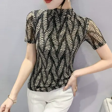 复古印花打底衫女短袖洋气百搭网纱T恤设计感小众漂亮别致上衣潮商品大图