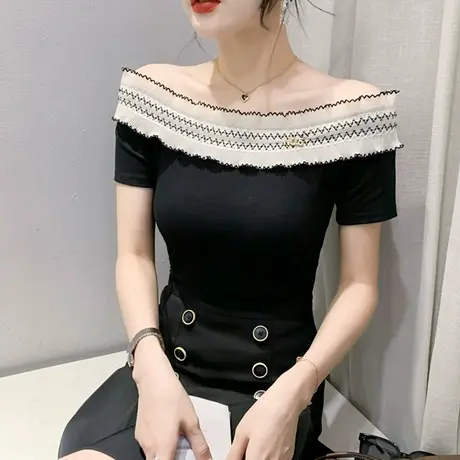 欧货一字领短袖T恤女ins潮网纱拼接木耳边上衣洋气修身百搭小衫夏图片