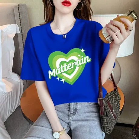 克莱因蓝短袖T恤女夏季2024年新款纯棉体恤韩版宽松印花爱心上衣商品大图