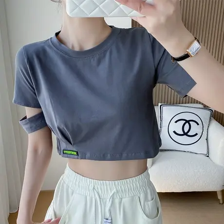 纯棉圆领不规则开口袖t恤女白色短款露脐性感上衣夏季百搭潮露腰商品大图
