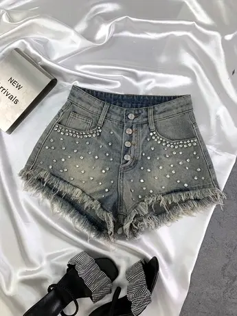 磨白排扣钉珠牛仔短裤女2023秋季新款小众高腰a字甜辣流苏阔腿裤商品大图