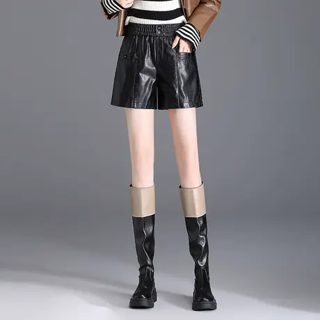 时尚松紧腰PU皮短裤女2023秋冬新款遮胯显瘦显腿长百搭A字阔腿裤商品大图