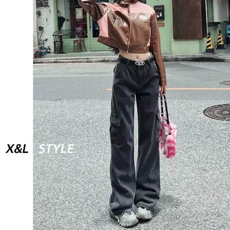 黑灰色工装裤女秋2023年新款秋美式高街宽松高腰显瘦牛仔阔腿裤子图片