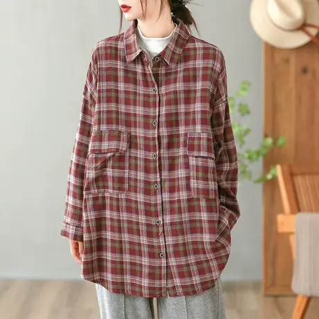 dza 复古中长款格纹翻领长袖衬衫外套女秋冬显瘦上衣宽松休闲衬衣图片