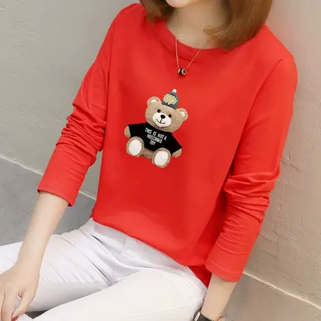 2022年新款纯棉春装洋气红色打底衫春夏内搭韩版长袖t恤女上衣商品大图