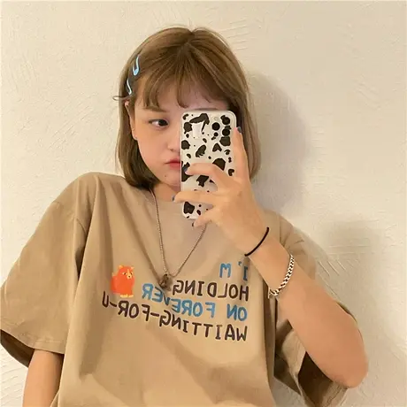 港风ins潮2023新款韩版宽松ulzzang纯棉短袖T恤女上衣盐系慵懒风商品大图