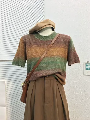 秋装新款渐变雾面薄款短袖毛衣小众设计感圆领正肩针织衫百搭上衣图片